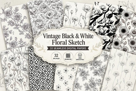 Download Vintage Black &amp; White Floral Sketch - Vintage Collection
